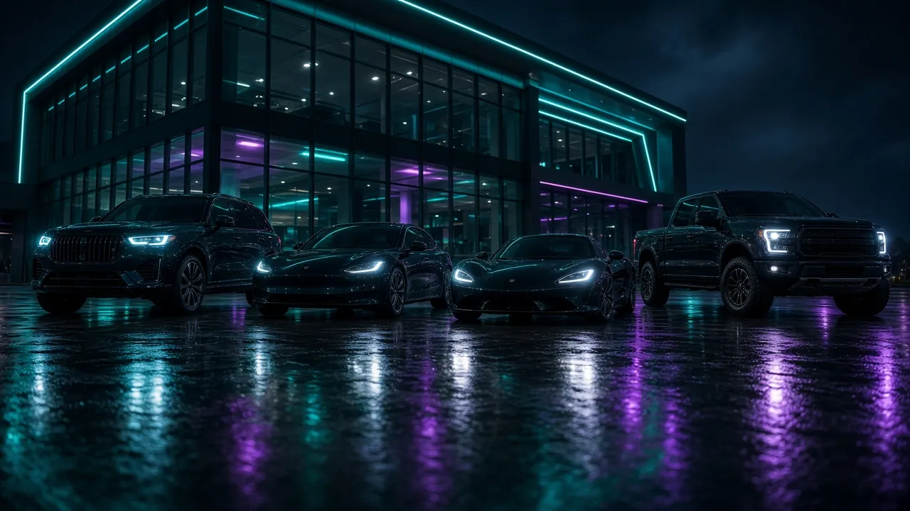 SUV, sports cars and a pickup outside a glass dealership showroom lit by teal neon at night